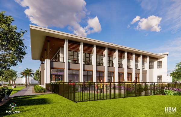 Artist's rendering of a two-storey mid-century modern building with a fenced garden in front