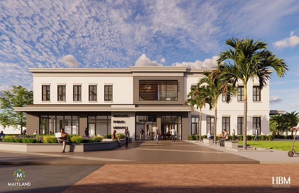 Artist's rendering of an off-white, two-story modern building with a plaza and palm tree in front