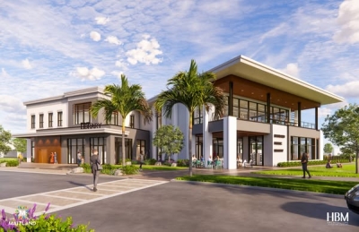 Artist's rendering of a two-storey building with a second floor terrace on the right end of the building, two palm trees in front of the building, and a roadway with a crosswalk in the foreground.