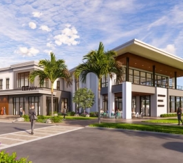 Artist's rendering of a two-storey building with a second floor terrace on the right end of the building, two palm trees in front of the building, and a roadway with a crosswalk in the foreground.